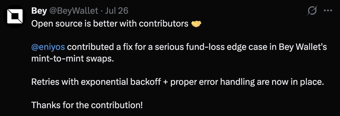 Bey Wallet calling out the contribution on X