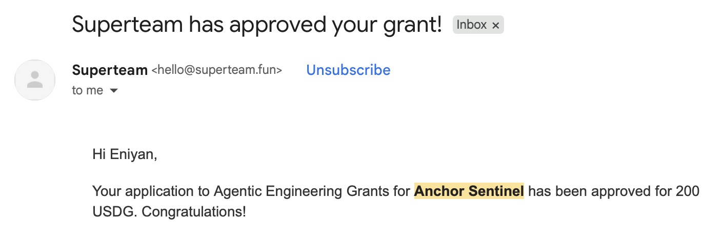 Superteam approval email for Anchor Sentinel