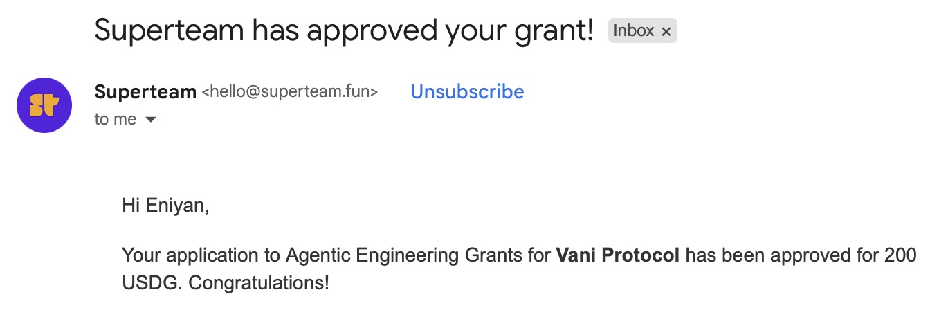 Superteam approval email for Vani Protocol